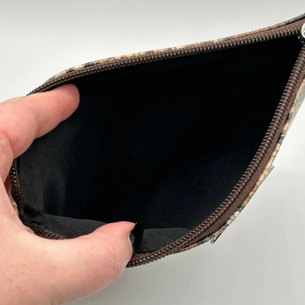 Liz Claiborne Faux Leather Snakeskin Print Pouch Clutch Makeup Bag Brown Neutral